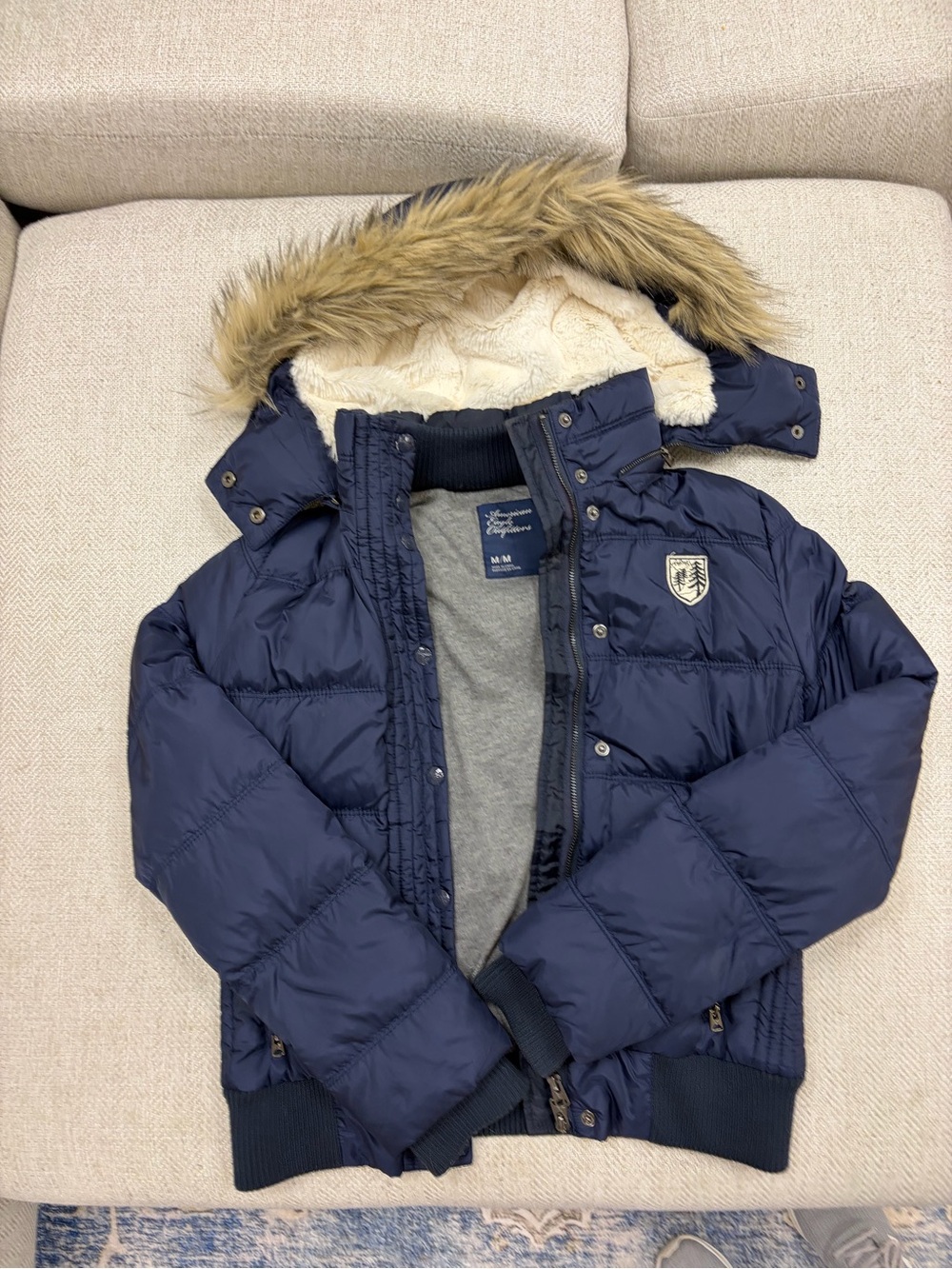 American Eagle Navy Puffer Jacket with Faux Fur Hood